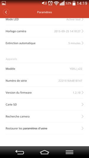 Paramètres de stockage et de version de la caméra Xiaomi Yi Cam