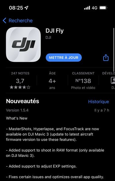 Mise à jour DJI Fly iOS