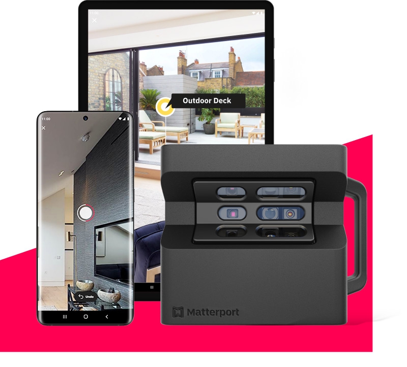 Caméra Matterport Pro2 et smartphone / tablette avec l'application Matterport.