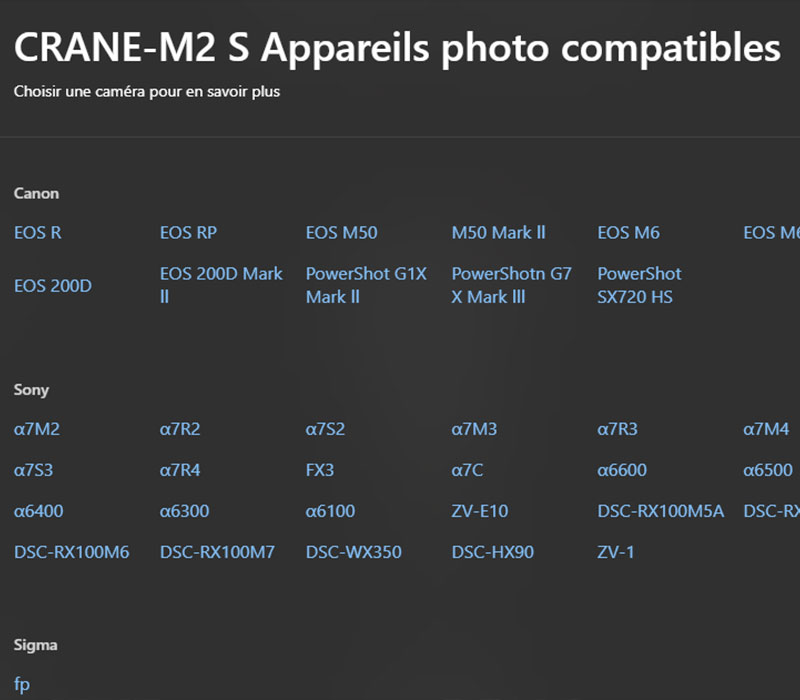 Compatibilité Zhiyun CRANE-M2 S