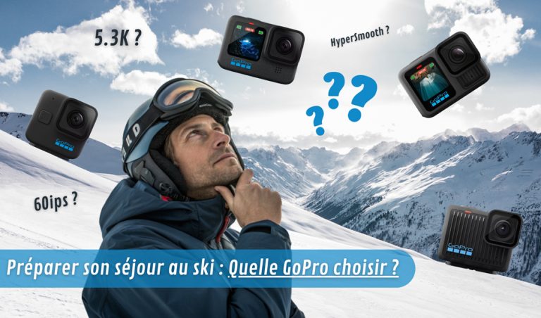 Un skieur pensif devant une montagne enneigée, entouré de visuels des modèles GoPro et de caractéristiques clés.