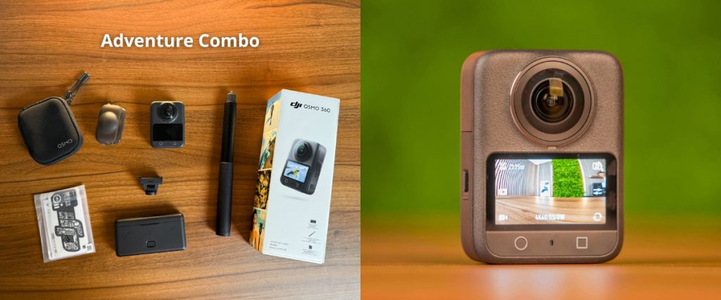 Test DJI Osmo 360 - apparence de la caméra et contenu du pack Adventure Combo