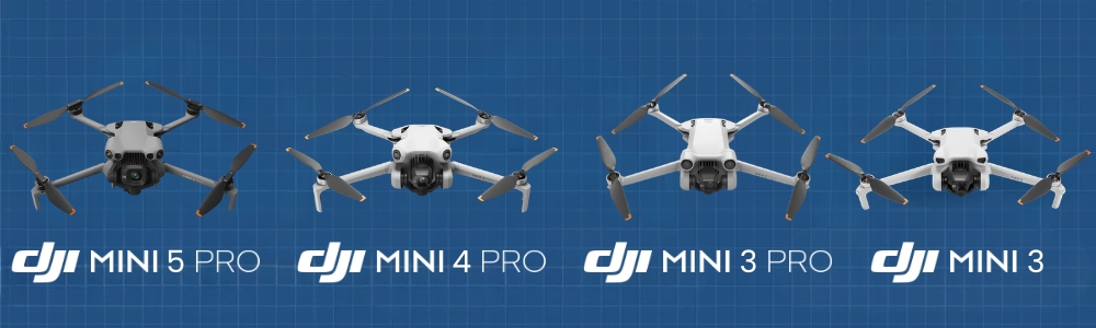 Visuel comparatif drones DJI Mini 5 Pro vs Mini 4 Pro vs Mini 3 Pro vs Mini 3