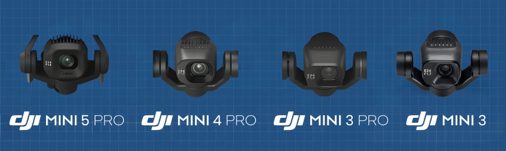 Visuel comparatif nacelles DJI Mini 5 Pro vs Mini 4 Pro vs Mini 3 Pro vs Mini 3