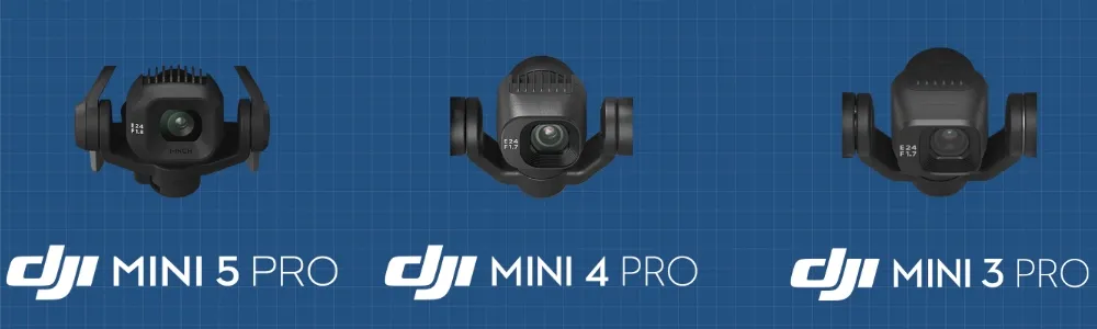 Visuel présentant les 3 caméras comparées : Mini 5 Pro, Mini 4 Pro et Mini 3 Pro