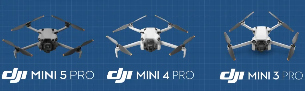 Visuel présentant les 3 drones comparés : Mini 5 Pro, Mini 4 Pro et Mini 3 Pro