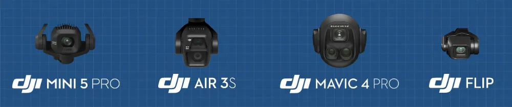 Caméras comparées : DJI Mini 5 Pro, DJI Air 3S, DJI Mavic 4 Pro et DJI Flip