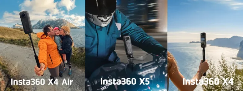 Triptyque avec les caméras Insta360 X4 Air, Insta360 X5 et Insta360 X4