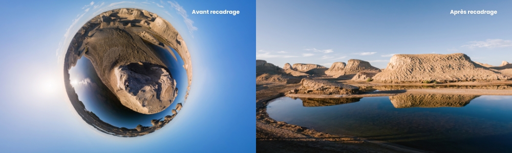 Avant et après recadrage d’une vidéo 360° réalisée avec l’Insta360 X6
