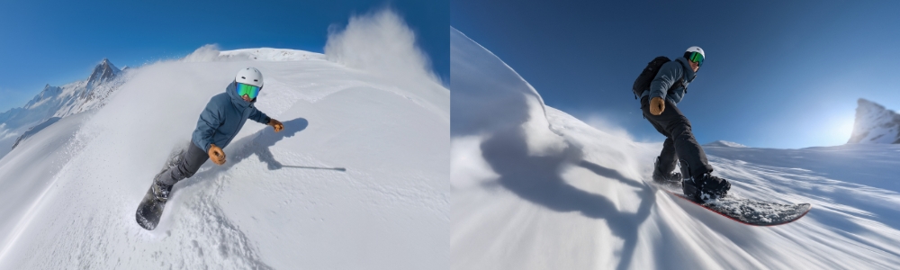 Snowboarder filmé avec l’Insta360 X6 et l’effet perche à selfie invisible